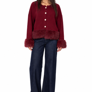 Fur-Trim Knit Cardigan-Burgundy