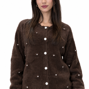 Pearl Blossom Fuzzy Cardigan Chocolate Brown
