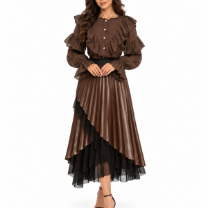 Faux Leather Pleated Tulle Skirt