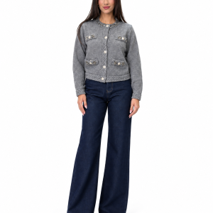 Pearl Embellished Knit Cardigan – Grey